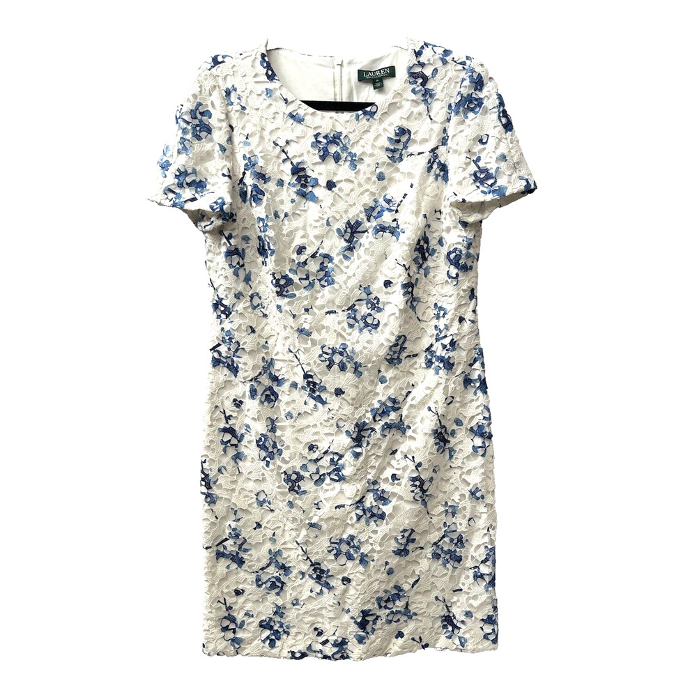 Lauren Ralph Lauren SZ 12 Cream Blue Guipure Lace Overlay Dress Short Sleeve LRL